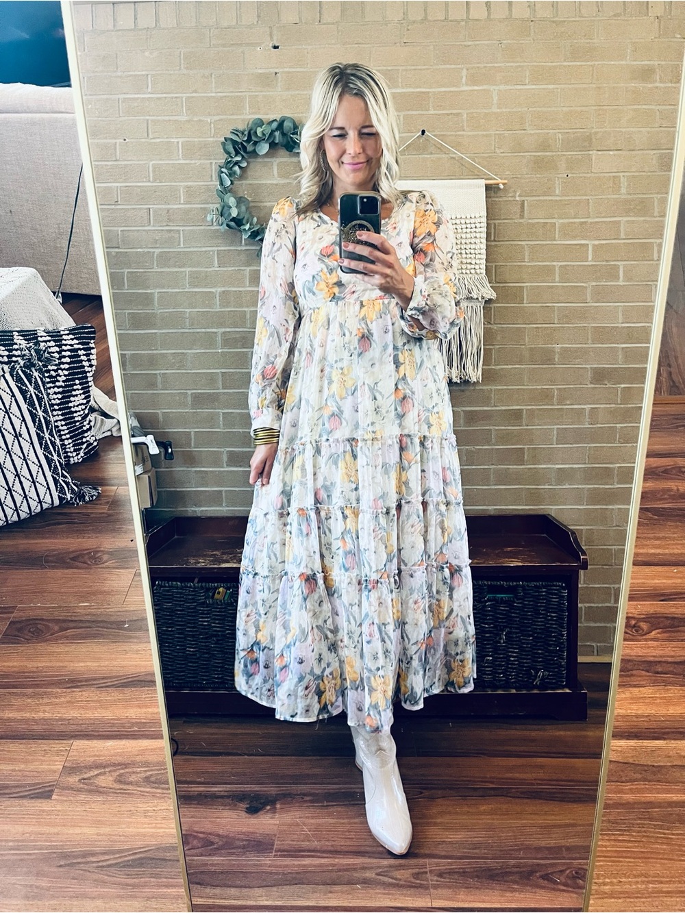 Bohemian Floral Tiered Maxi Dress in Cream with Yellow & Pink Accents